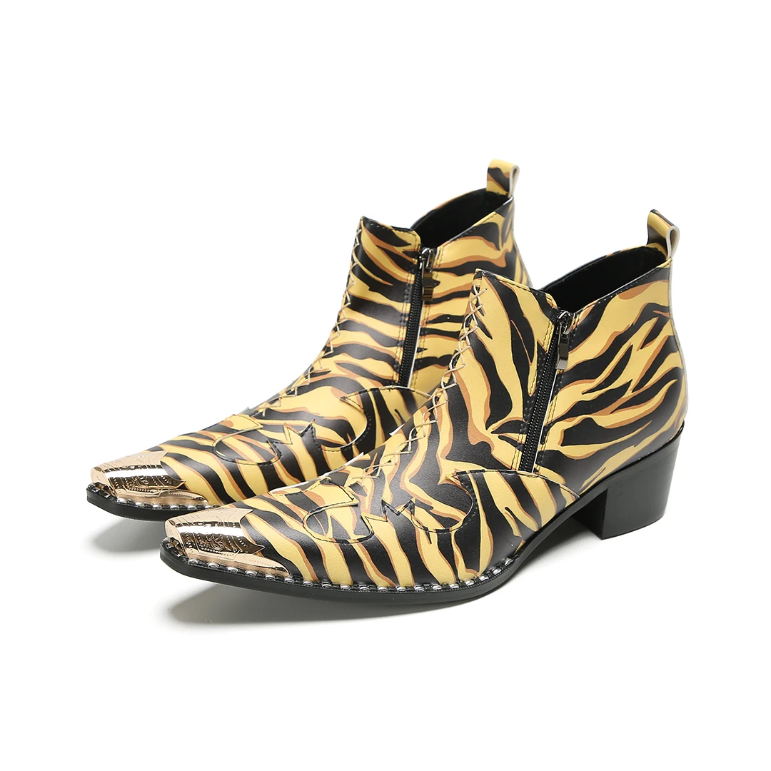 

New Design Zebra Stripe Men's Boots Luxury Design Rivets Side Zipper High Heel Ankle Boots Handmade Genuine Leather Shoes