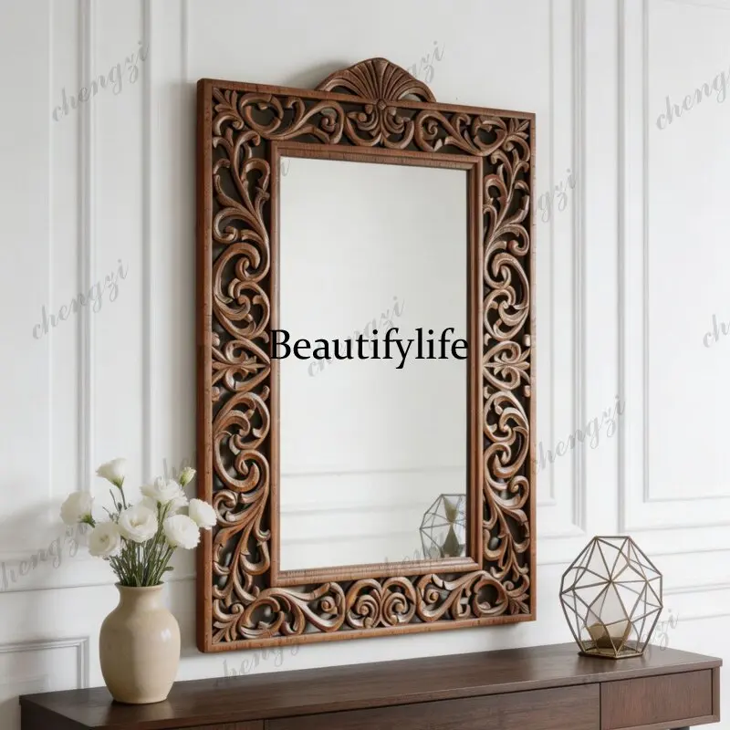 French retro carved square makeup mirror wall-mounted bedroom dresser decorative mirror light luxury