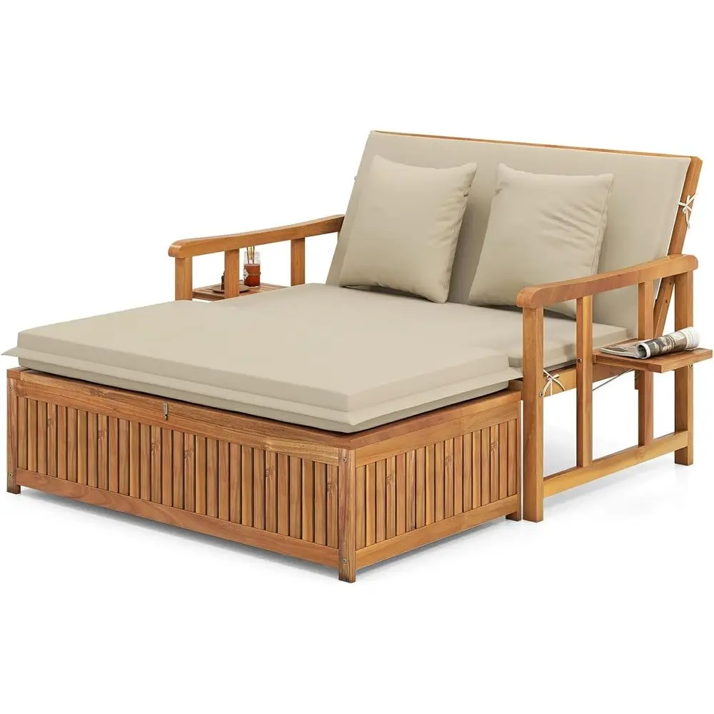 

Moccha Acacia Wood Outdoor Daybed - Wooden Loveseat Soa with 4-Level Backrest, Storage Ottoman, Cushions, Outside Sunbed, Double