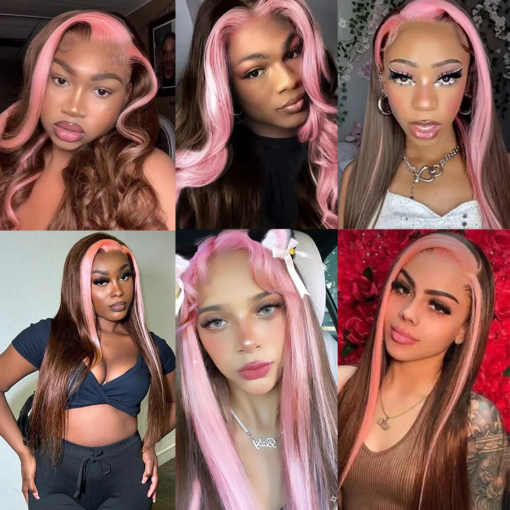 Highlights Pink Wig Synthetic Lace Front Wigs For Women Pink Highlights Wigs Brown Long Silky Straight Lace Hair Cosplay Party