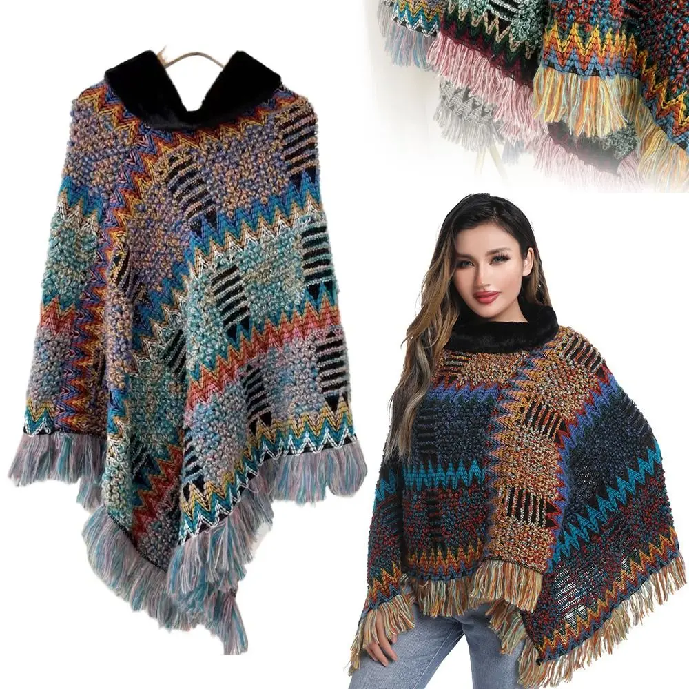 

Зимняя теплая вязаная шаль, вязаный плюшевый шарф с кисточками, роскошный элегантный толстый шаль с воротником из искусственного меха