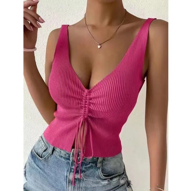 Tie Front Tank Tops Drawstring Ruched Ribbed Knit Tanks and Camis Women Sleeveless Crop Tops for Women 2024 Summer Outfit