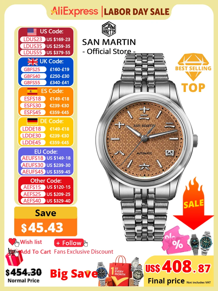 San Martin Retro Distressed Chinese Ancient Coin Textured Dial Miyota 90S5 Original Design Herren Automatikuhr SN0144