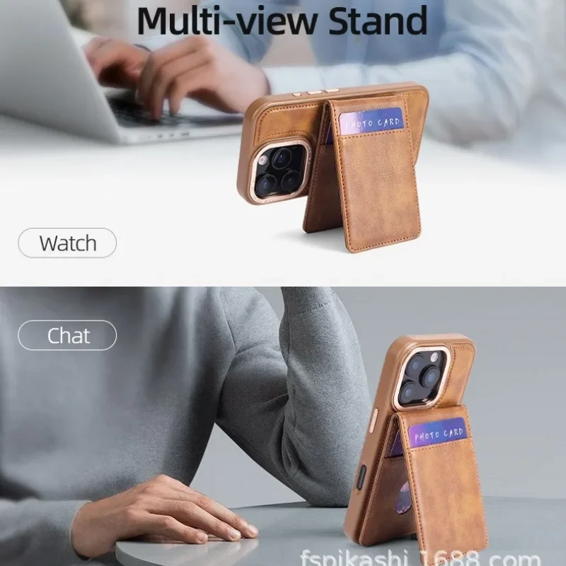 

Кожаный чехол со съемными металлическими линзами и магнитной картой премиум-класса для iPhone 16 Pro Max 15 Plus 14 Pro 13 12 Чехол для телефона 2-в-1