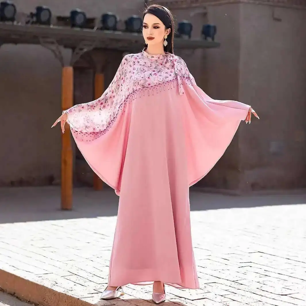 

Ba5139 Pink Printed Abaya Batwing Sleeve Women's Dress 2026 Muslim Long Dress Robe Abaya Ramadan Dubai Luxury Islam Elegant