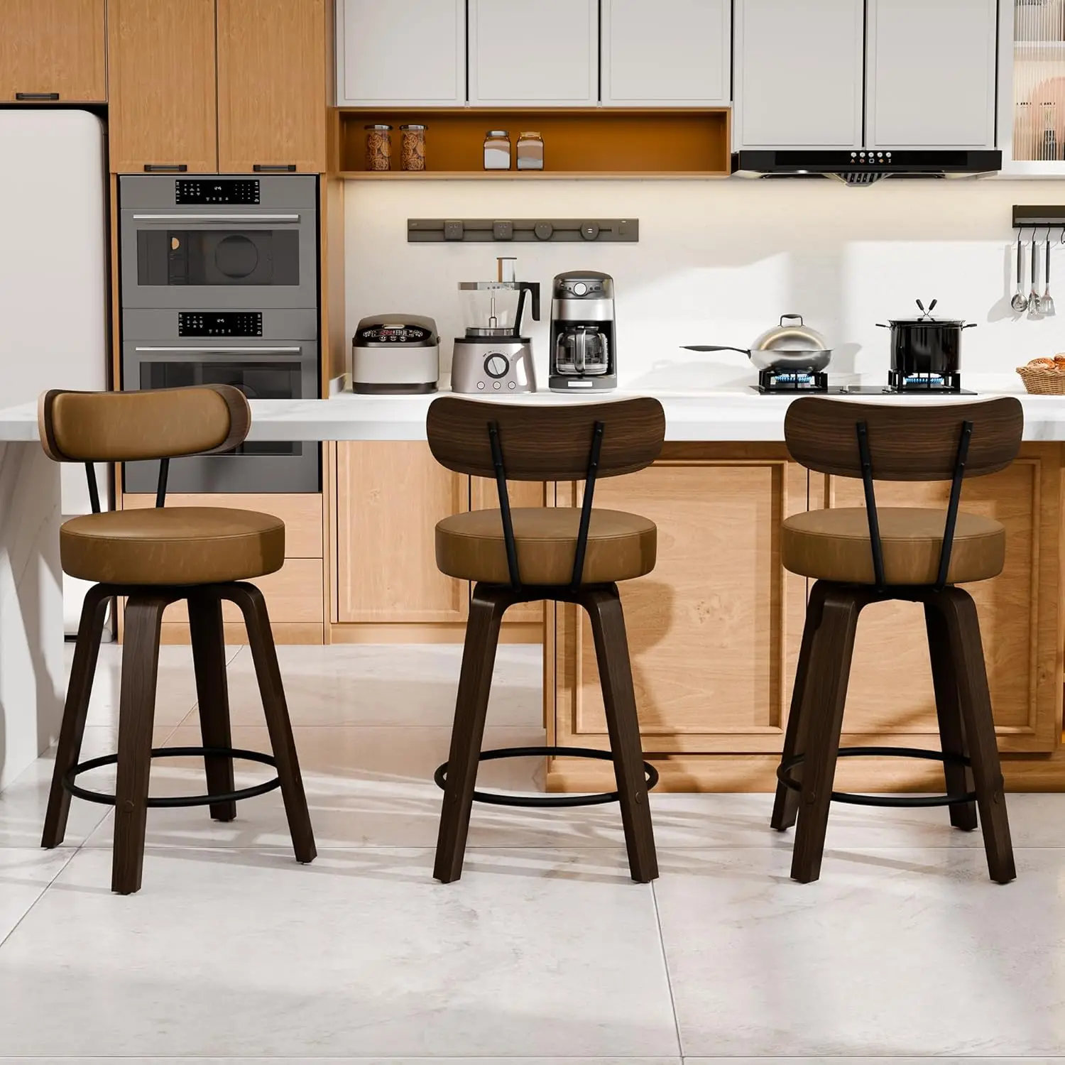 26in Upholstered Swivel Bar Stools Set Of 3 Faux Leather Wood Leg Back Counter Height Kitchen Mid Century, Customized