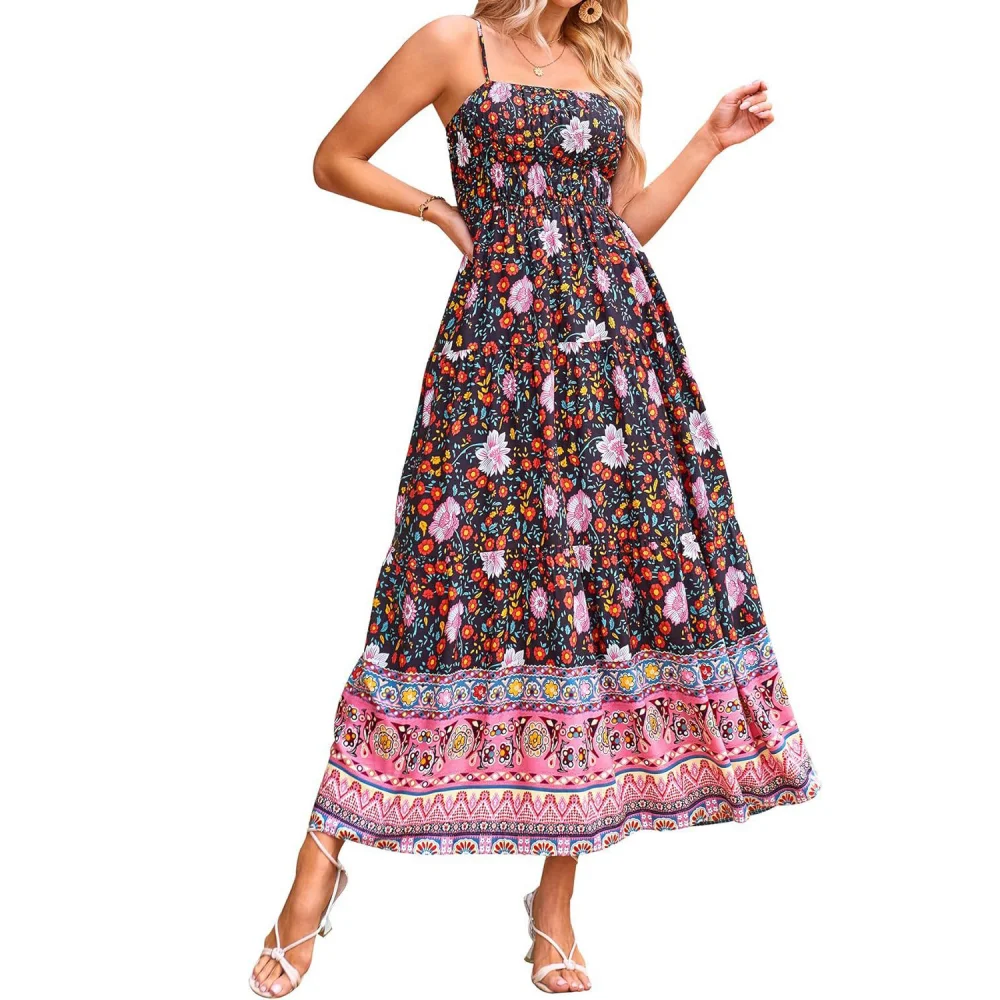 Mulheres boho vintage maxi vestido vintage floral impressão vestidos de cintura alta cinta espaguete verão retro vestidos roupas