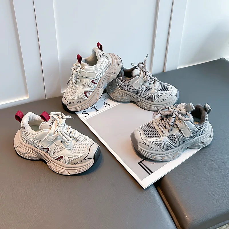 Kids Mesh Chunky Sneakers Hook and Loop Lace Up Dual Closure Cushioned Non Slip Thick Sole Boys Girls Daily Walking Trainers