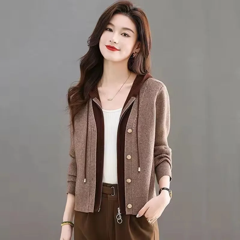 

Осень-зима, новый короткий свитер с капюшоном, пальто, женский корейский трикотаж, кардиган, повседневная куртка из двух предметов, женские топы