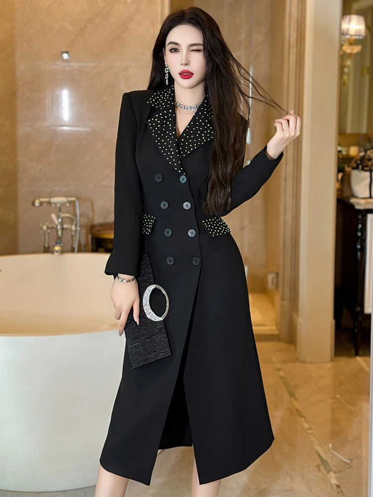 Abiti formali stile lavoro abbigliamento donna elegante ufficio pendolare Chic nero doppio petto Slim Blazer Dress Robe Mujer Vestidos