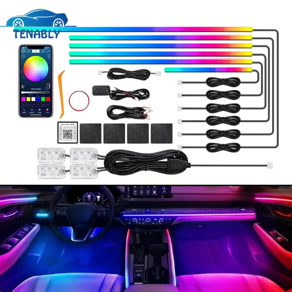 Image of Farbenfrohes RGB-Auto-Innenbeleuchtungs-Set, Dynamische Neon-Umgebungslichtleiste, Armaturenbrett-Innenraumbeleuchtung, Musik-Synchronisation