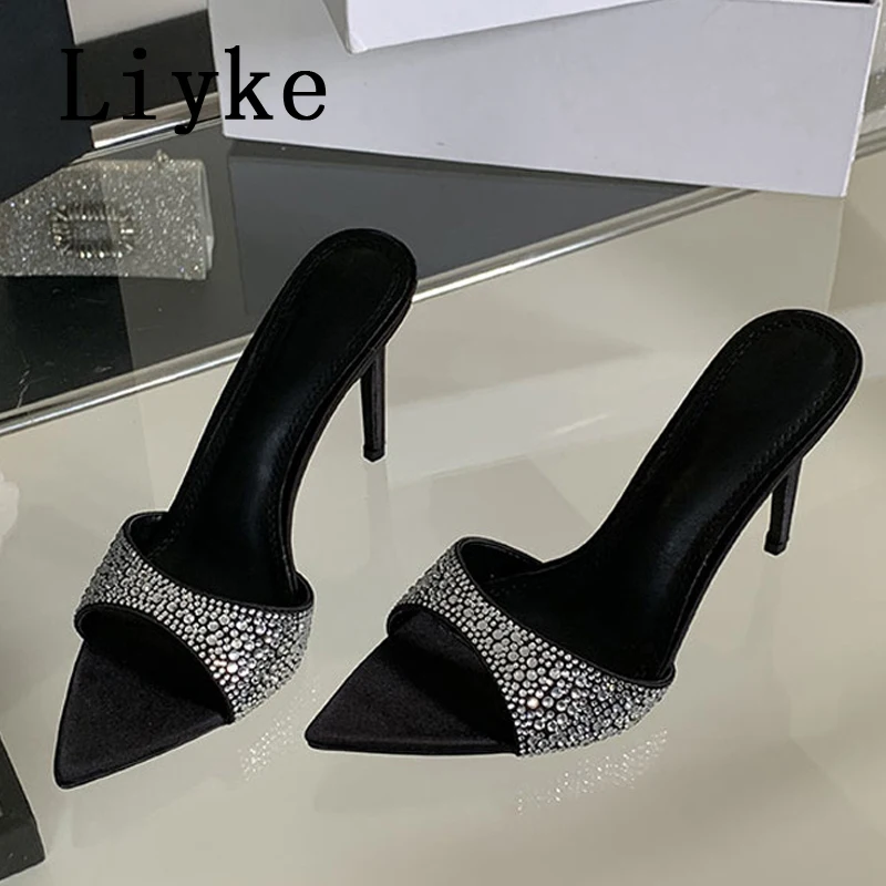 Liyke moda letnia kryształ Rhinestone damskie kapcie sandały seksowny wzór w cętki szpiczasty nosek muły wysokie obcasy buty striptizerka