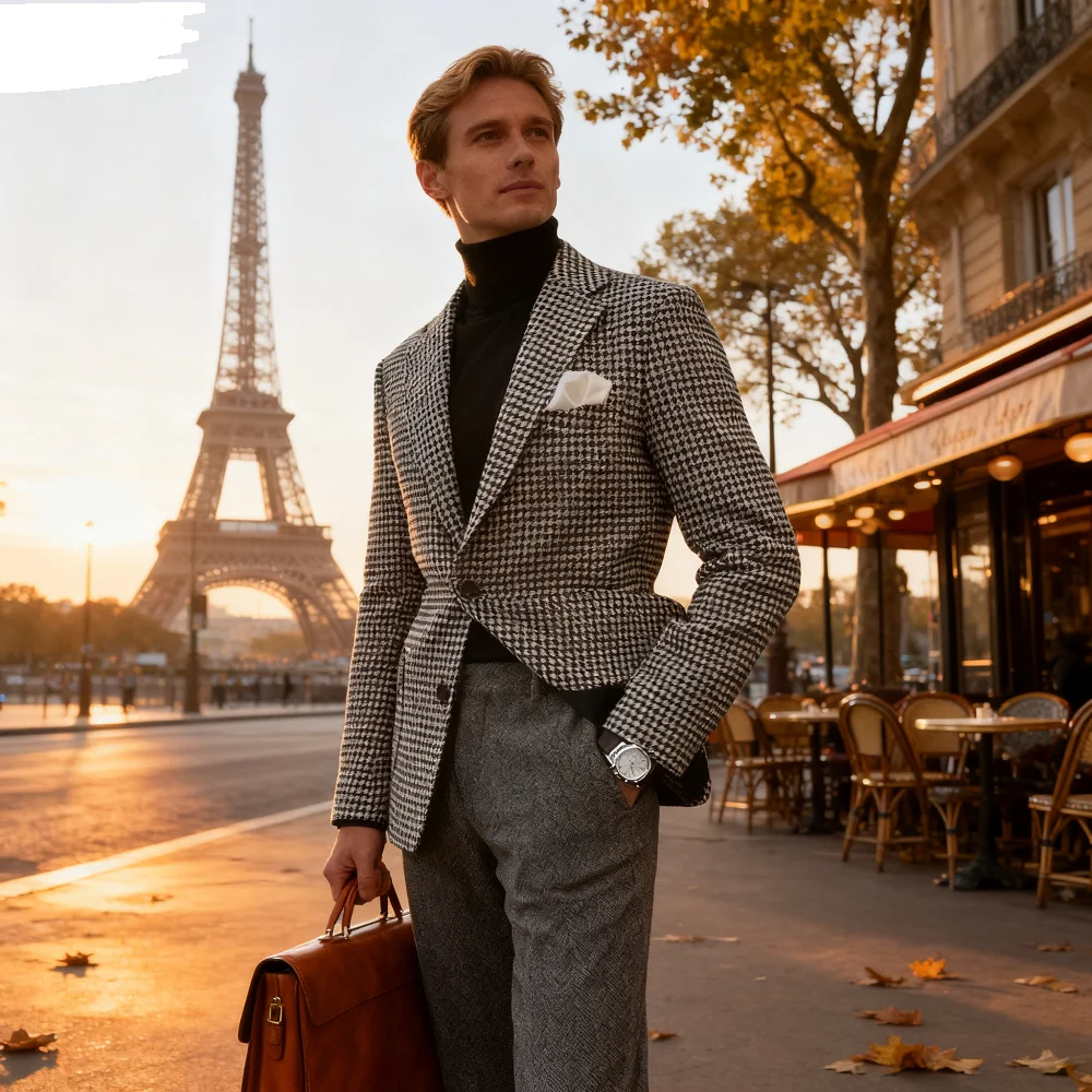 

Slim Fit Houndstooth Blazer for Men Casual Moda Business Style Notch Lapel Terno Jaqueta 1PC Checkered Suit Coat