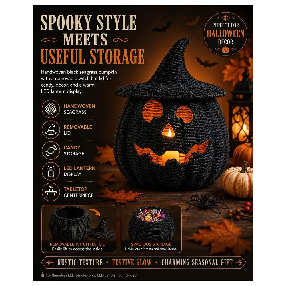 Halloween Woven Pumpkin with Witch Hat Lid Candy Storage Basket for Fall Decor