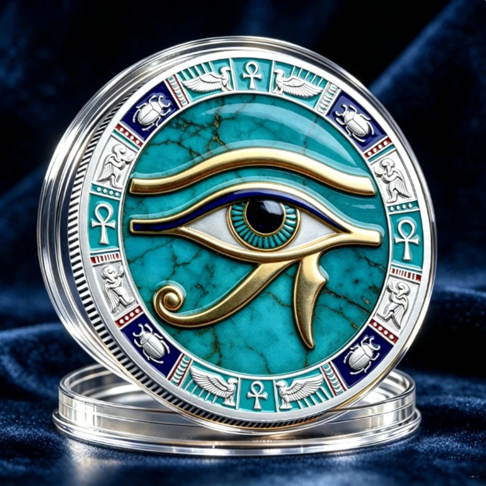 Ancient Egypt Lion-Faced Human-Head Statue Commemorative Coin with Horus Eye Carving Silvery Plated Collection Coin