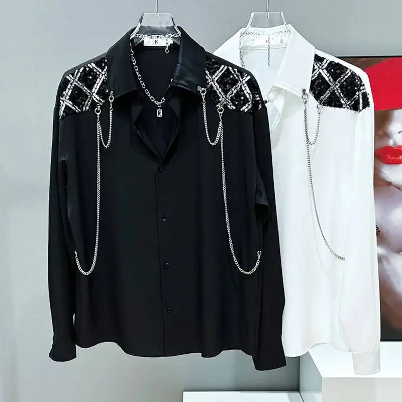 Shirt Men Spring Summer New Cool Korean Fashion Loose Casual Patchwork Sequin 2025 Contrast Color Tops Loose ZSQW
