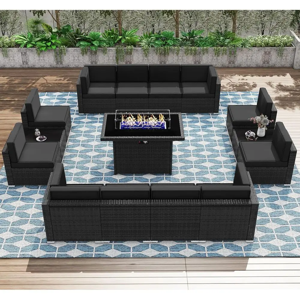 

15-Piece Outdoor Wicker Sectional Sofa Set with Fire Pit Table, All-Weather Resistant