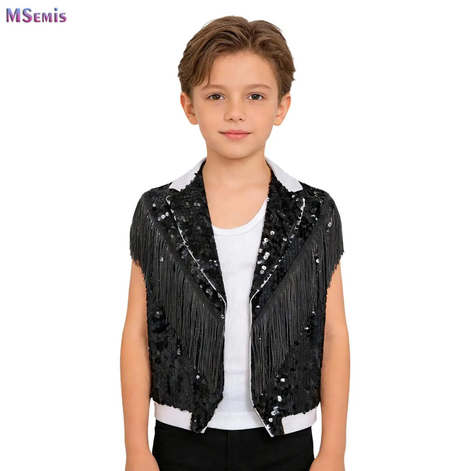 

Boys Fringe Tassels Cowboy Open Front Tank Top Kids Disco Hip Hop Dance Waistcoat Birthday Party Choir Performance Costume