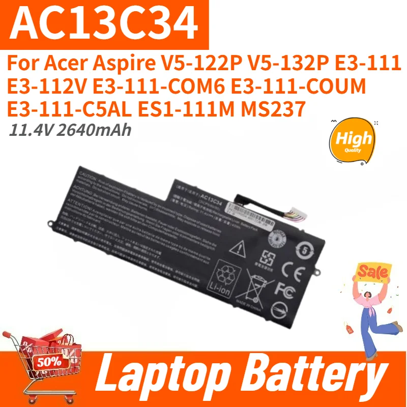 Batería de Alta Calidad para Portátil de 11.4V 2640mAh AC13C34 para Acer Aspire E3-111-C5AL ES1-111M V5-122P E3-111 E3-112V E3-111-C0M6