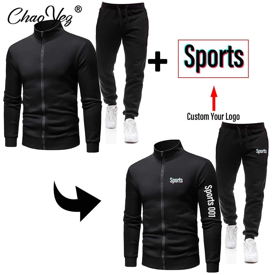 Custom Logo Autumn Men's Tracksuit Suit Zipper Hoodie +Pants 2 Piece Set Men Jogging Sports Set Casual Fitness Gym Sportswear