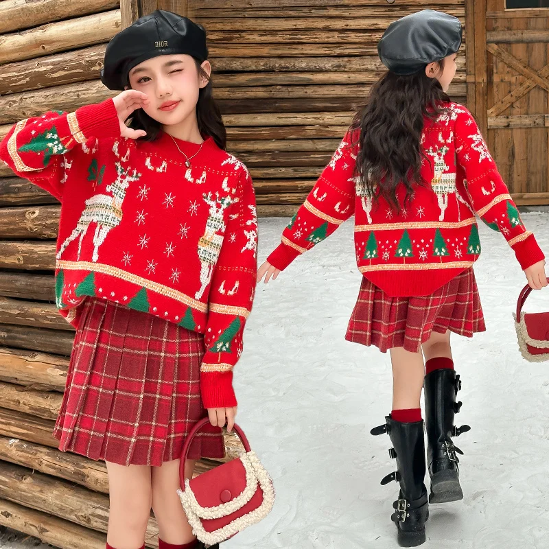 Christmas teen Girls clothes Set red Deer Sweater+plaid pleated skirt 2pcs 4-14 junior kids suit children outfits ensemble fille