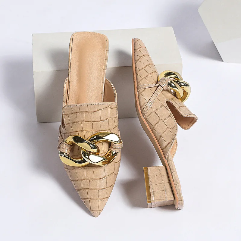 Luxury Chain Women's Mules Shoes With Heels 2024 New Summer Pointed Toe Square Heeled Slippers Women Sandals Big Size 8 9 10