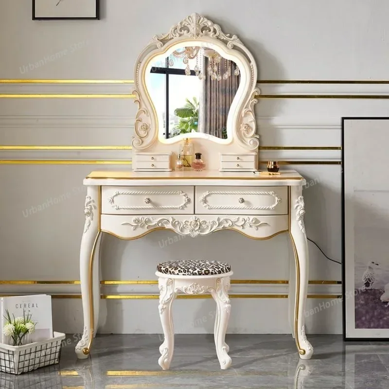 

Light Luxury European Dressers for Bedroom Princess Furniture Ins White Dressing Table Makeup Vanity Table with Light Mirror Set