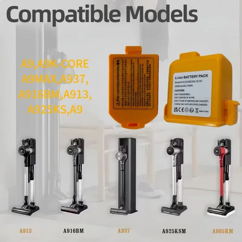 25.5V4000mAh lithium-ion battery, suitable for LG Cord Zero A9 vacuum cleaner, compatible with for LG Cord Zero A9 battery