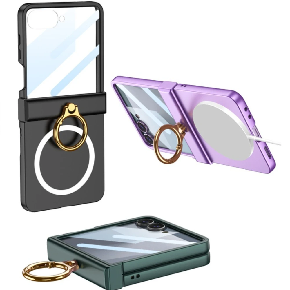 Para samsung galaxy z flip 7 5g para magsafe capa de telefone magnética com protetor de tela frontal e suporte de anel e proteção de dobradiça