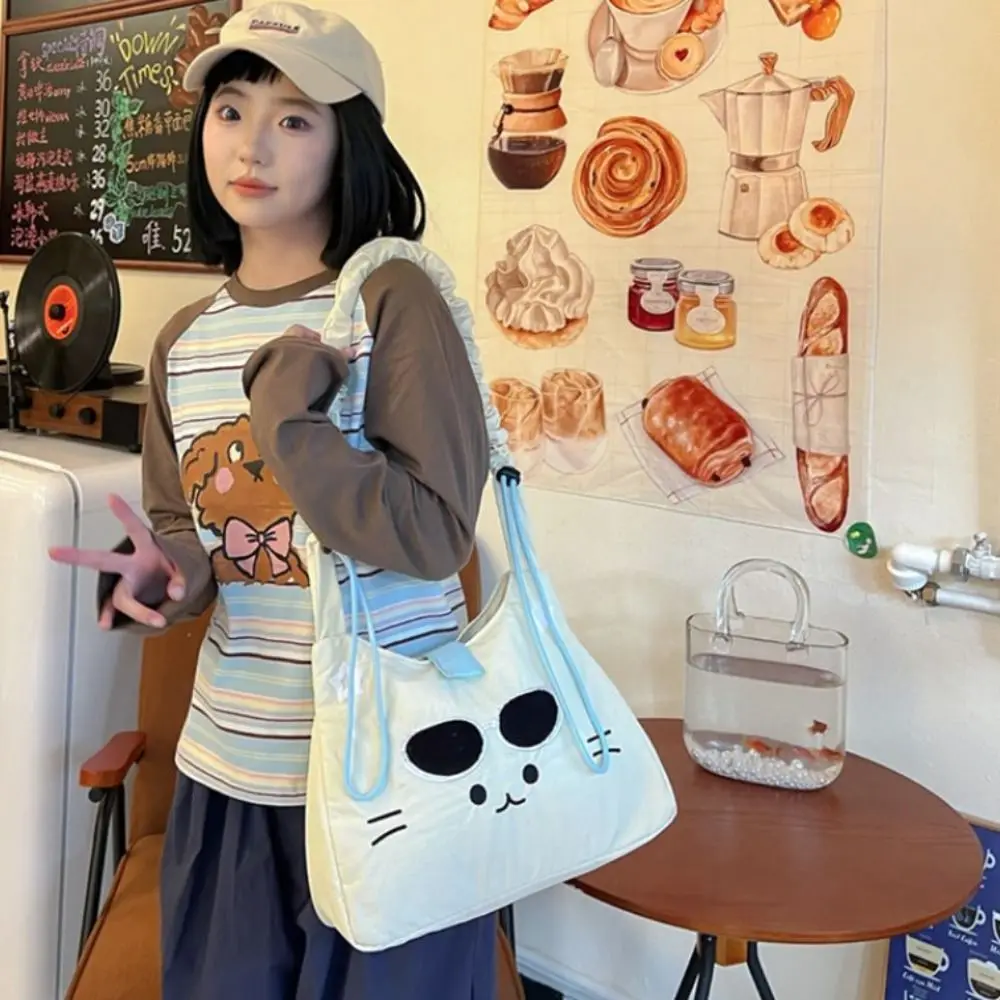 

New Design Y2k Kitty Embroidery Bag Korean Style Pleated Nylon Lightweight Bag Large Capacity Drawstring Crossbody Shoulder Bag