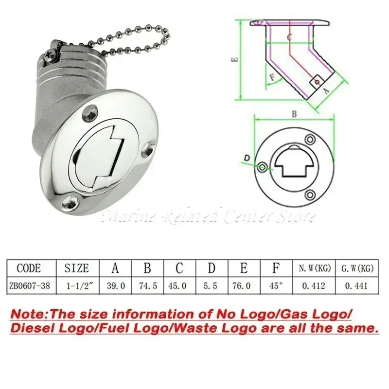 해양 보트 316 스테인레스 스틸 데크 필러 캡, 가스 디젤 연료 폐기물 로고, 45/90 도, 38mm (1.5 인치)