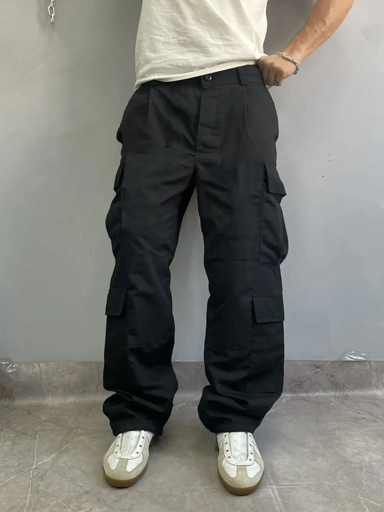 

Мужские простые брюки, мешковатые длинные брюки-карго, простые выходные, осенние, уличные модные широкие брюки с несколькими карманами