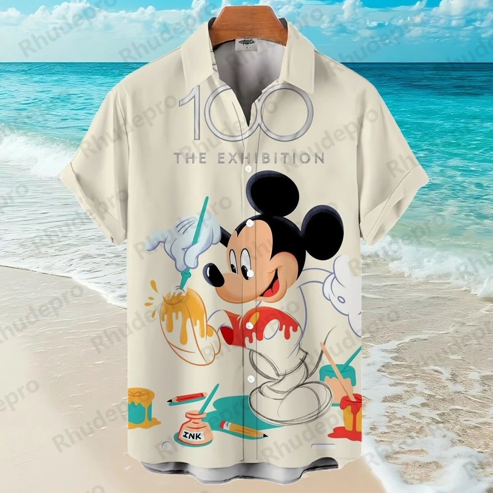 

Лето Disney 2025 г., гавайская рубашка с Микки Маусом, мужская и женская повседневная пляжная рубашка с коротким рукавом в стиле Харадзюку