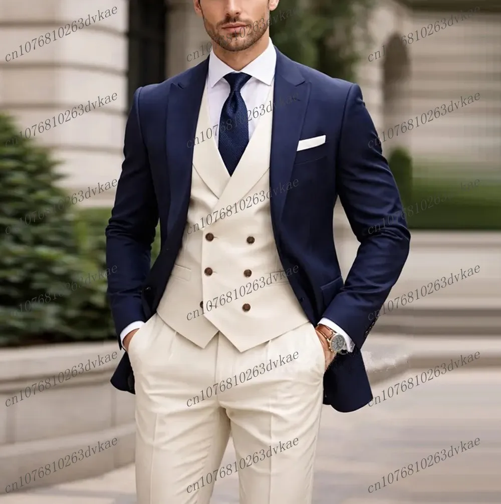 

Белый и темно-синий мужской костюм для свадьбы, вечеринки, торжественных мероприятий, жениха, шафера, выпускного, деловых встреч, мужской смокинг, комплект из 3 предметов: пиджак, жилет, брюки