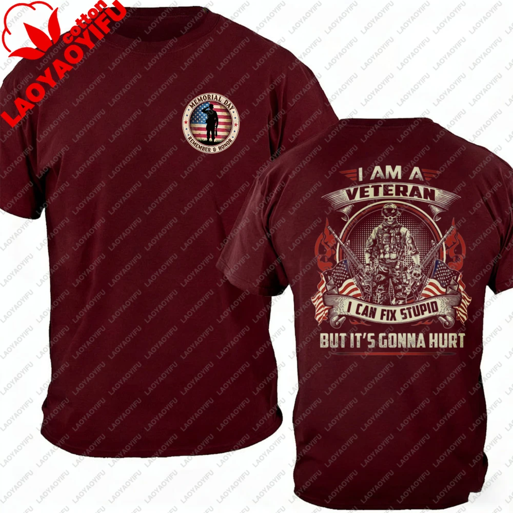 I Am A Veteran I Can Fix Stupid Men's Oversized T-Shirt, Tactical Soldier USA Flag Graphic, Cotton Military Veteran Streetwear