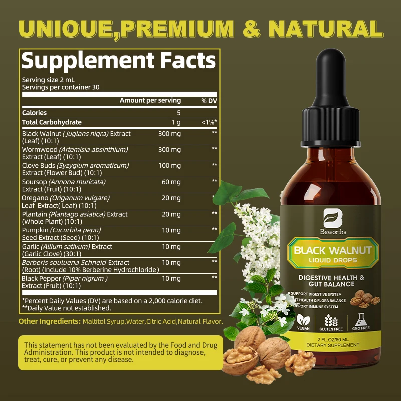 BEWORTHS 60ML Black Walnut  Drop with Wormwood Clove & Garlic Support Digestion and Immune Health, Detoxify the Body Antioxidant
