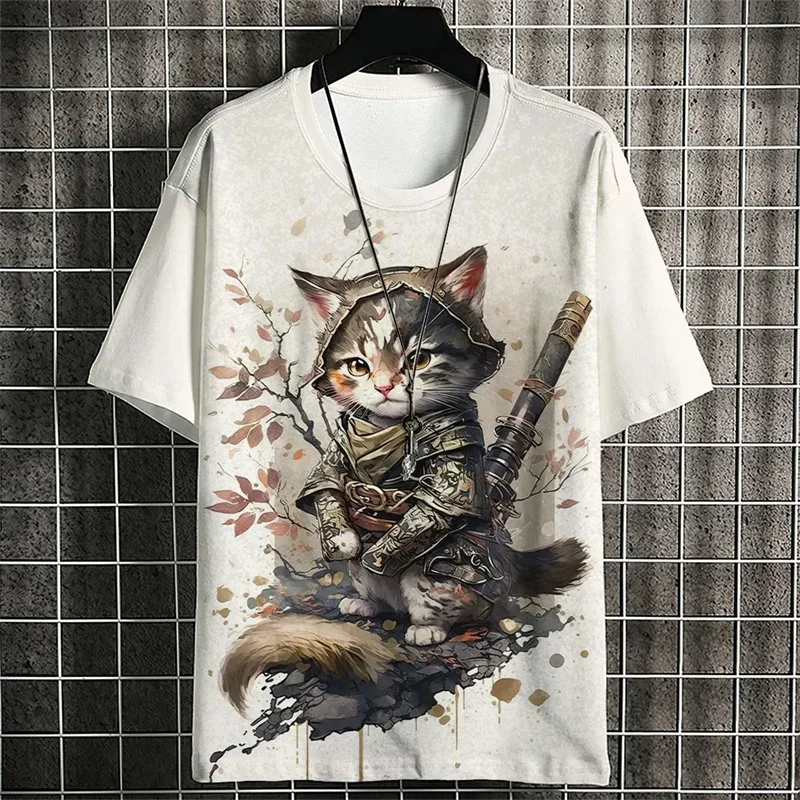 T-Shirt mit Katzenkrieger-Muster für Männer, bunt, mit Tiermotiven, 3D-gedruckt, kurzärmelig, Sommer, locker, lässig, O-Ausschnitt, T-Shirts, Street-T-Shirts
