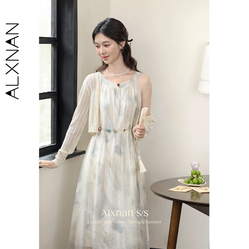 Alxnan vestido feminino sem mangas longo verde mancha frisado cintoshe vestido 2025 verão férias praia elegante roupas femininas l38701