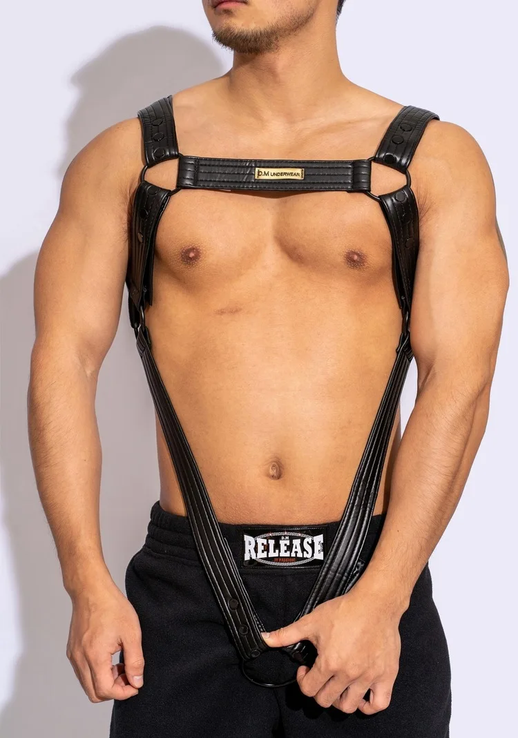 

Designer Temptation Male Gay Hot Hollow Thong Harness Chest Shoulder Straps Men's PU G-strings Underwear