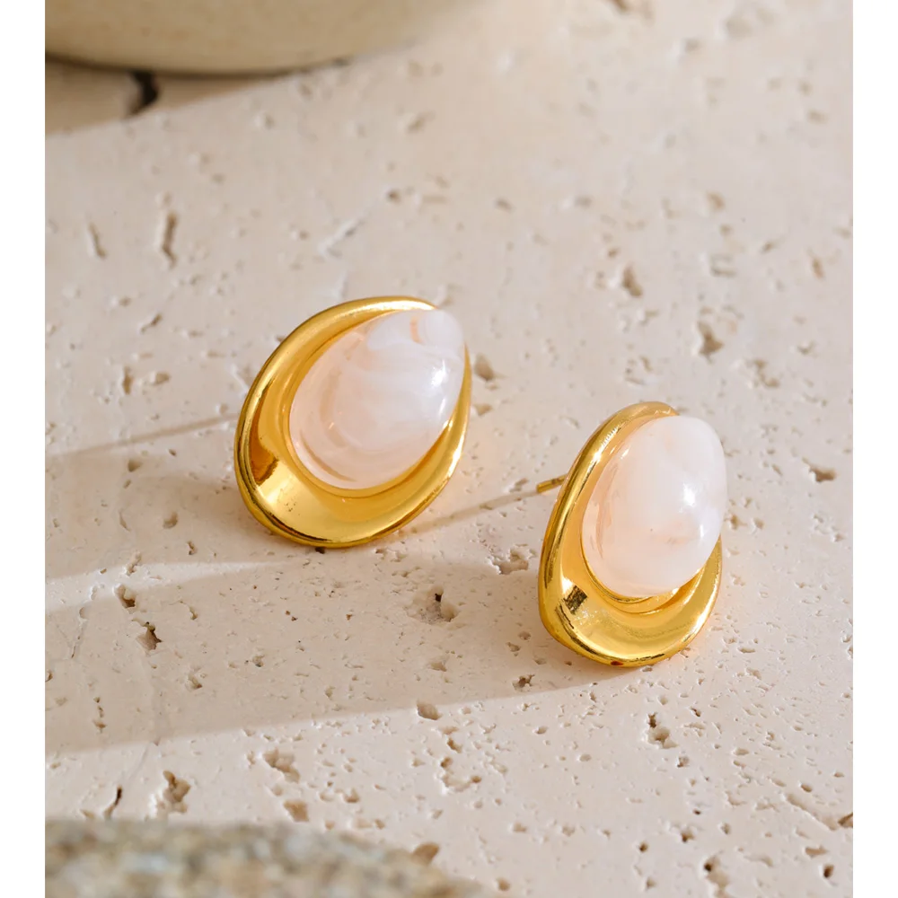 Yhpup Trendy Stainless Steel Resin Oval Stud Earrings for All Occasions 18K Golden Plated New Arrivals Daily Korean Jewelry Gift
