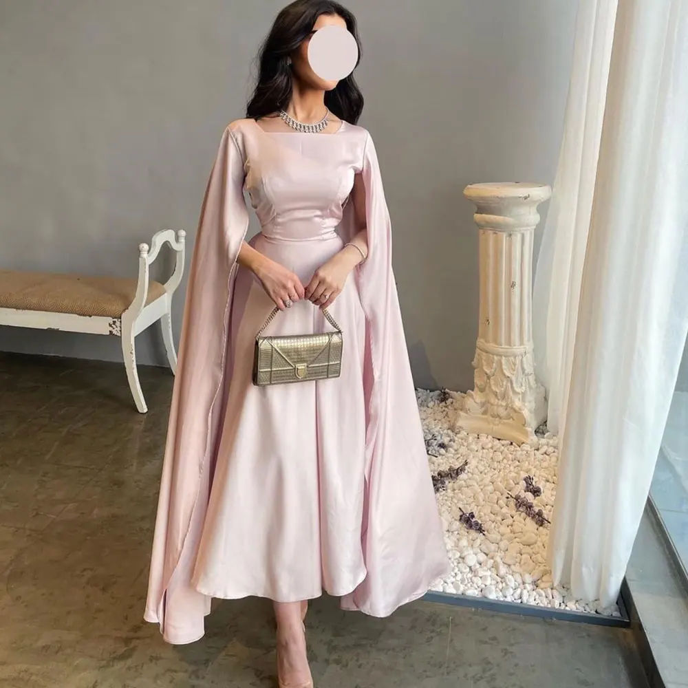 

Fashion Simple Saudi Evening Dresses Long Sleeved Square Neck Ankle Length Solid Color Customizable Vestidos Para Mujer Gala