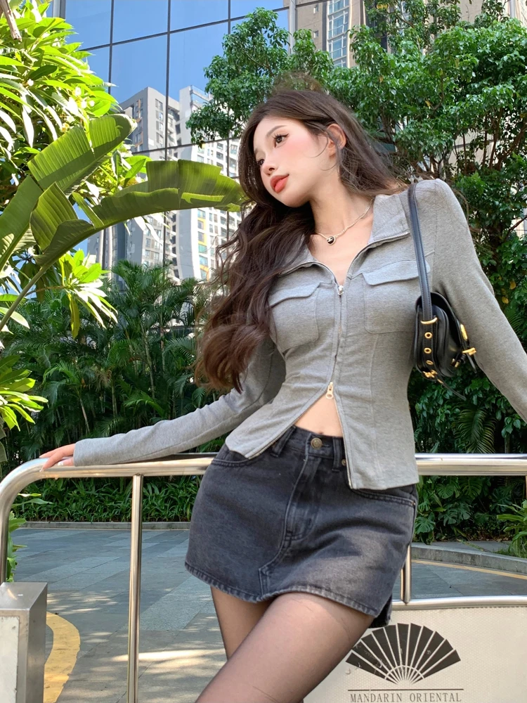 المرأة تي شيرت ربيع الخريف الملابس مضلع محبوك كم طويل بلوزات قصيرة سستة تصميم المحملة مثير الإناث سليم القمم