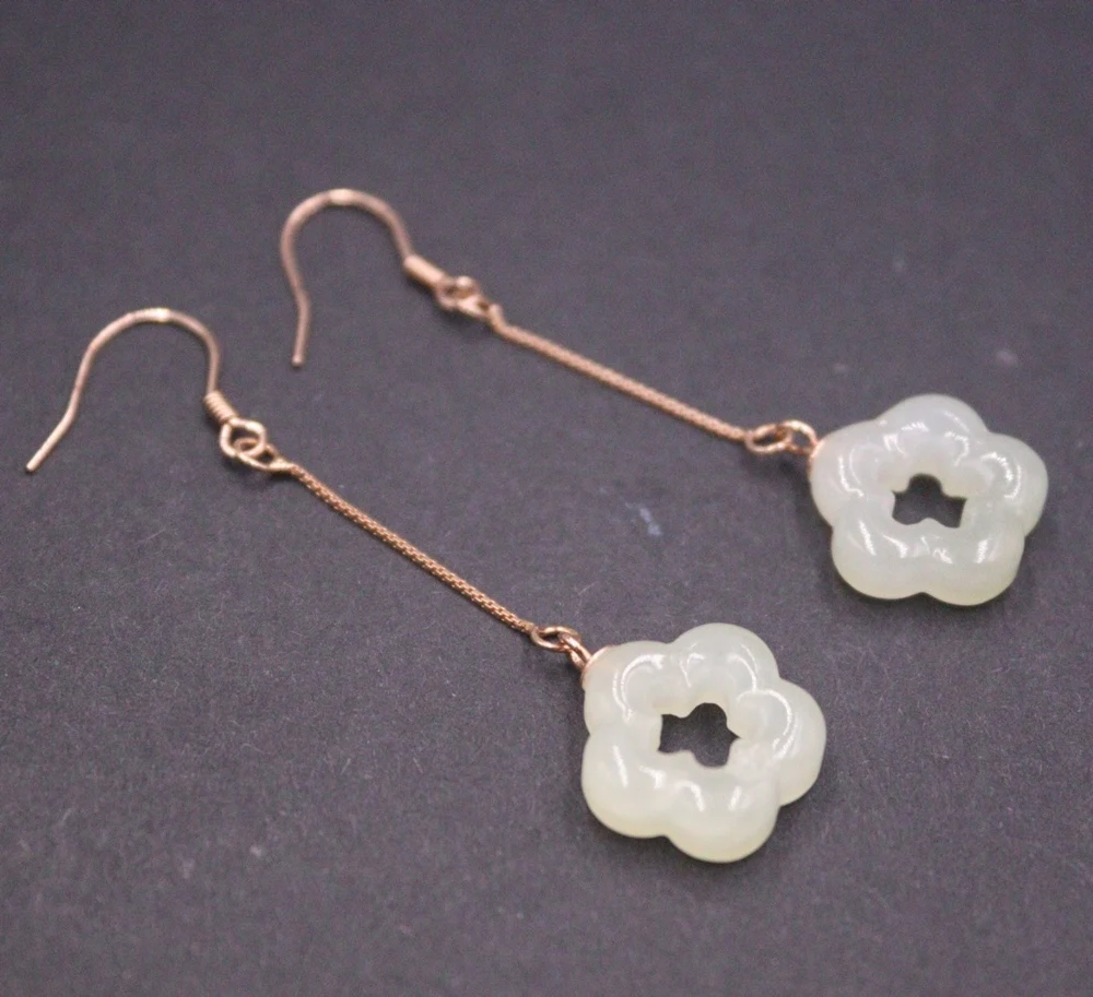 

Real Solid 925 Sterling Silver Natural Jade White Hollow Flower Chain Dangle Earrings