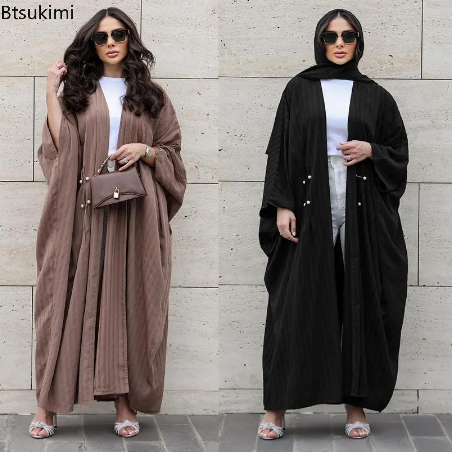 Fashion Muslim Abaya for Women Bat Sleeve Striped Pearl Muslim Outerwear Cardigan Morocco Party Dresses Modest Long Robe Vestido