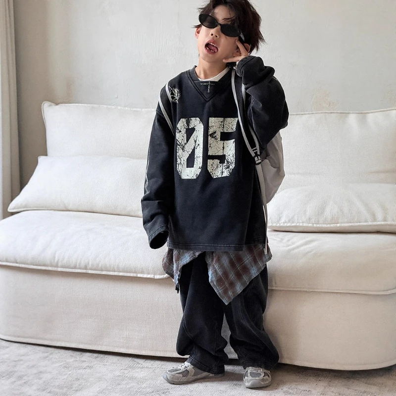 2025 New Children's Autumn Heavy duty Laundry Fashionable V-neck Letter Printed Pattern Hoodie