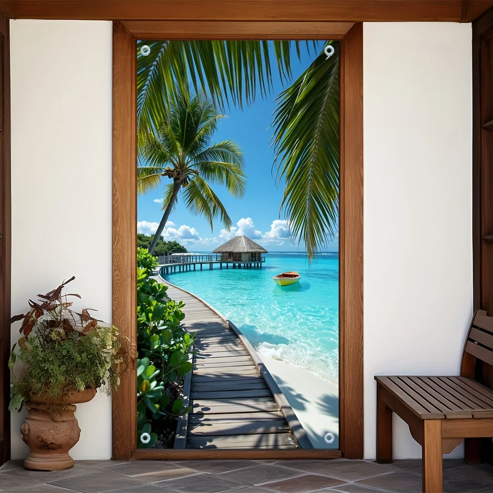 2D door curtain, 1 piece. Caribbean tropical beach palm tree and ocean scenery door cover - polyester fiber festive decoration