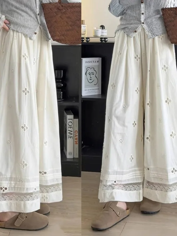 Ele-pantalones de hadas ligeros bordados para mujer, pantalón informal, holgado, de pierna recta, de cintura alta, para ir al trabajo en verano
