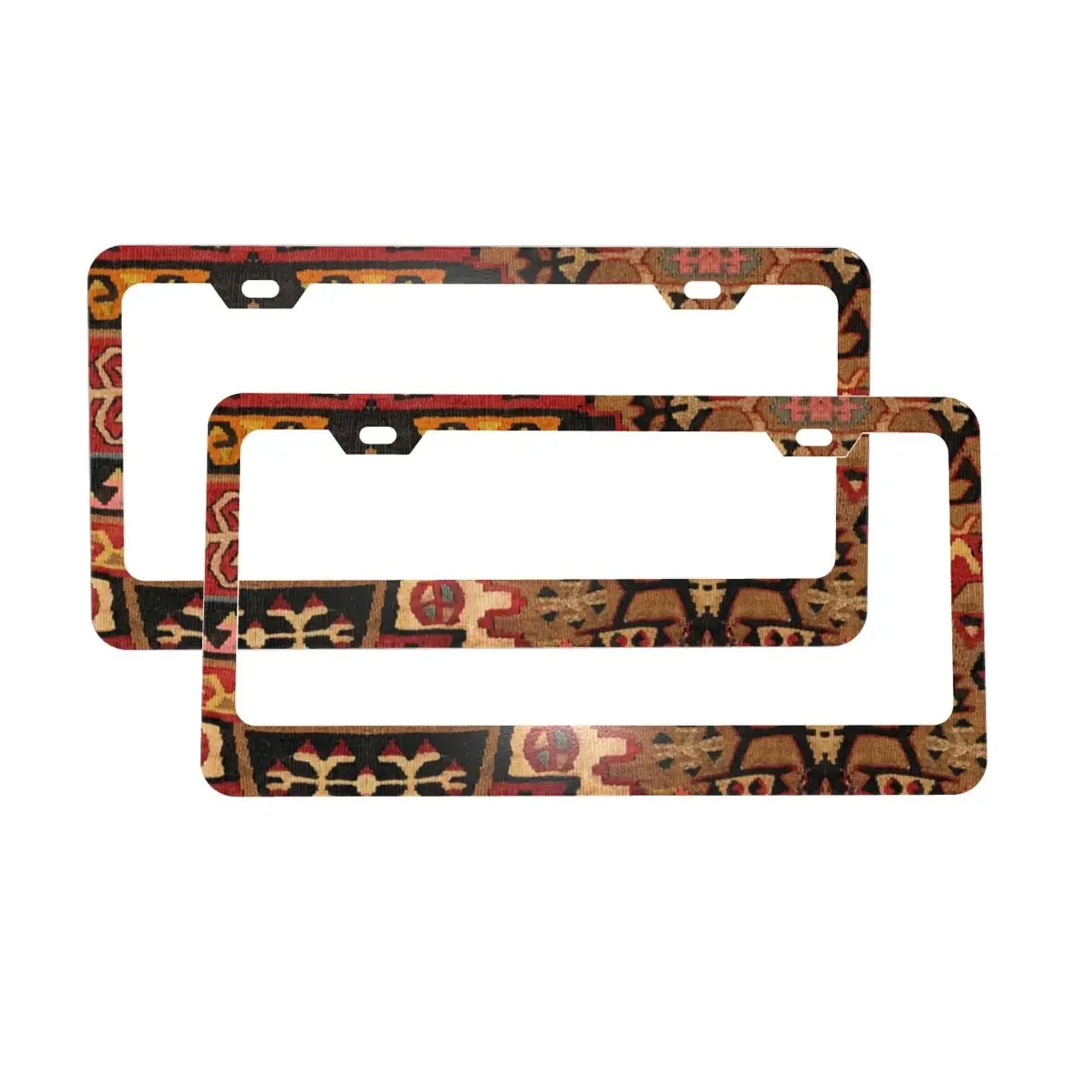 Turkish Kilim Persian Carpet License Plate Frame 2 PCS Navaho Weave Tribal Ethnic Art Aluminum Metal License Plate Holder