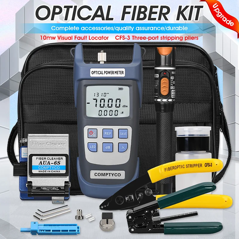 ftth-fibra-Optica-tool-kit-com-aua-6s-fibra-cutelo-medidor-de-energia-optica-visual-fault-locator-70-~-10dbm-50-26dbm-10mw-19pcs