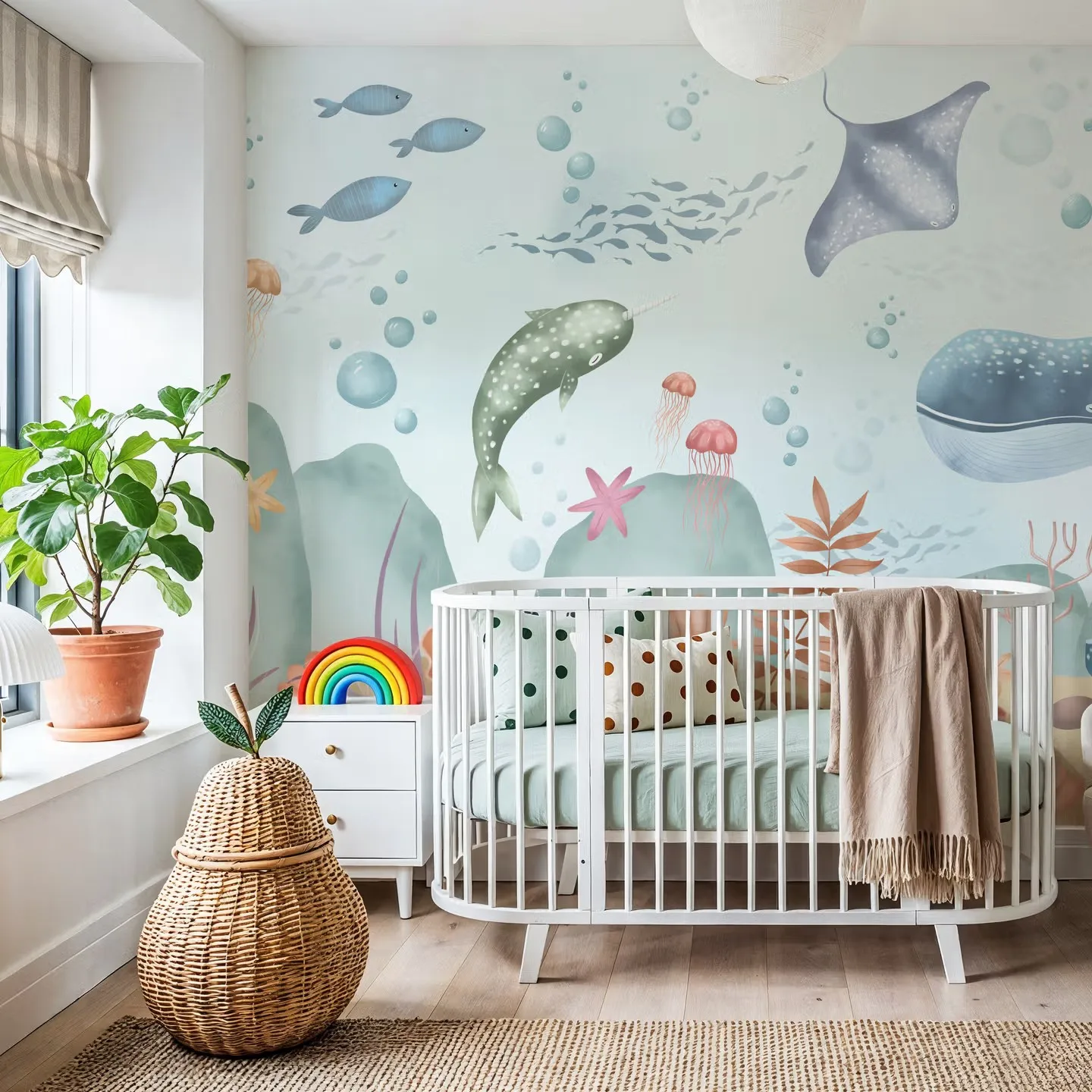 Customized mural hand-painted cartoon underwater world wallpaper, children's room kindergarten whale coral decoration painting